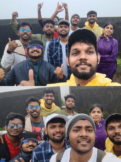 Selfies and group pictures from a misty day out in Coorg. Our trips are filled with fun, laughter, and plenty of photo ops.