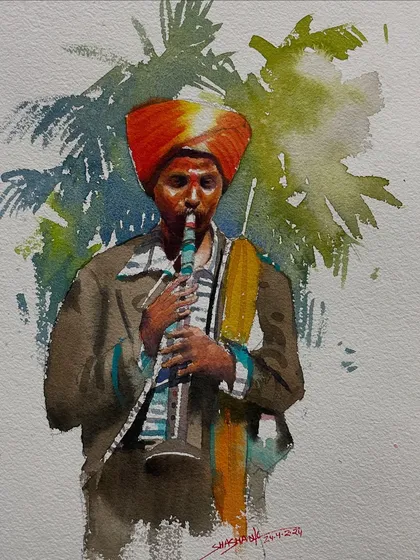 This watercolor painting captures a musician lost in his craft. The colors are vibrant, and the composition draws attention to the shehnai player and his instrument.