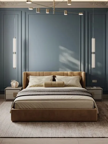 A 3D render of a sophisticated bedroom with blue paneled walls and a brown upholstered bed. The modern pendant lights and clean lines create a chic and balanced look.