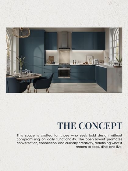 This concept image presents a bold kitchen design in a deep teal blue. The open layout is crafted for those who seek to blend conversation, creativity, and culinary arts, redefining what it means to cook, dine, and live in your home.