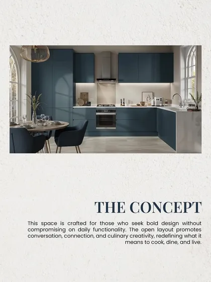 This concept image showcases a bold design with deep blue cabinetry in an open layout. It’s crafted for those who want a kitchen that promotes conversation and creativity without compromising on daily functionality.