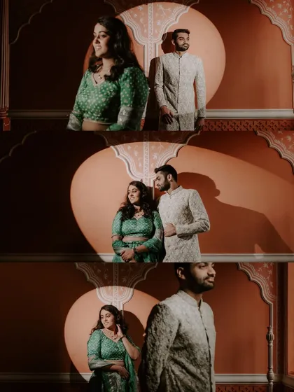 A collage of creative portraits using a spotlight to frame the couple in various ways.