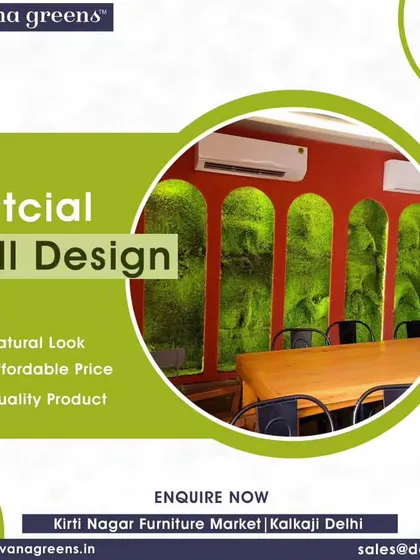 A unique vertical wall design for a restaurant interior. The arched cutouts filled with green moss create a stunning visual effect against the red wall.