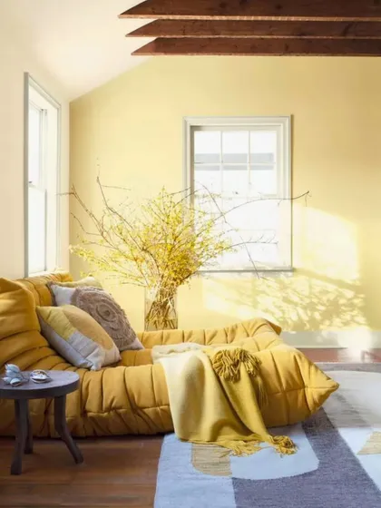 Here is an example of Butter Yellow used in a sunlit room. It creates a cheerful yet calm atmosphere, enhancing the natural light without being overwhelming. This is a great color for a cozy reading nook or living room.