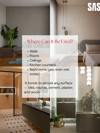 This collage demonstrates the versatility of micro cement, showcasing its use on walls, floors, ceilings, and in wet zones like bathrooms. It can bond to almost any surface, making it a powerful tool for creating cohesive, seamless interiors.