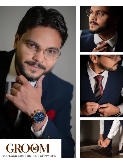 A stylish collage capturing the groom's getting-ready process, from adjusting his tie to the final look. These shots tell the other half of the wedding day story.
