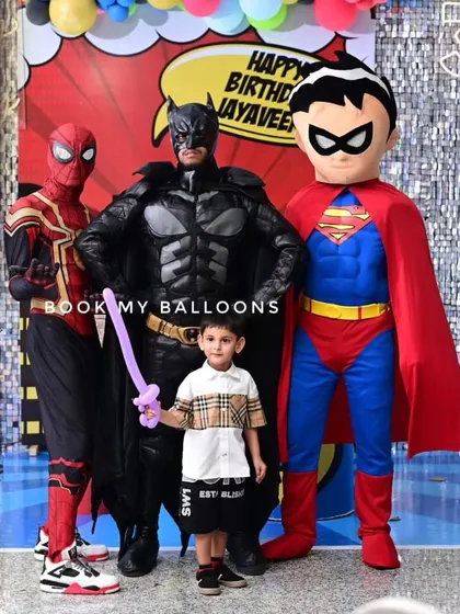 Your child's heroes can join the party! I arrange for professional mascot and costume entertainers, like this superhero squad with Spiderman, Batman, and Superman, who pose for photos and make the birthday boy or girl feel like the star of the show.