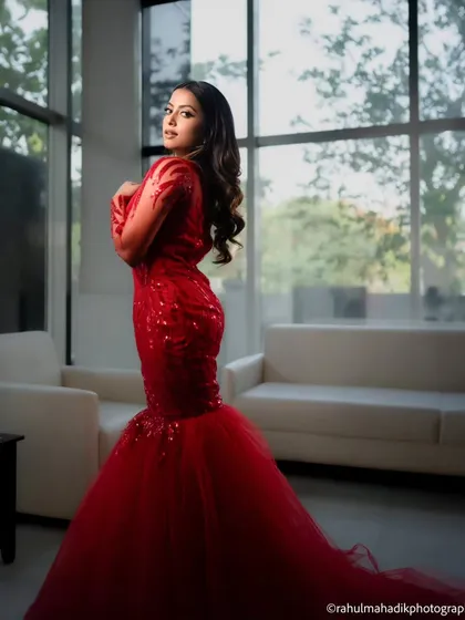 Another angle of the full-length portrait, capturing her pose against the window light. This image highlights the texture and sparkle of the gown's fabric.