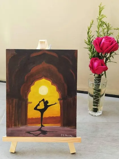 This small acrylic painting captures the silhouette of a yoga pose against a warm, glowing archway. It was created to celebrate the quiet strength and peace found in daily practice.