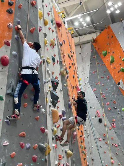 Colleagues cheer each other on as they tackle the walls. This supportive environment is what makes climbing such an effective team-building activity.