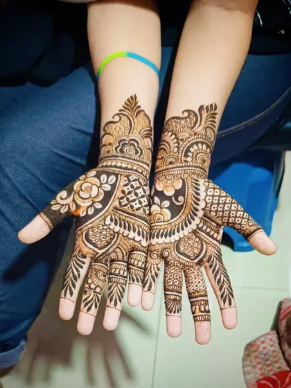 Another angle of this beautiful, dense henna design, perfect for any celebration.