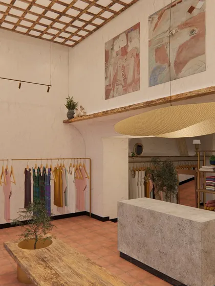 A render from the schematic design phase for the Eka retail project. Discussing renders alongside a physical moodboard helps us and our clients align on the aesthetic, colors, and textures, as well as practical aspects like maintenance and durability.