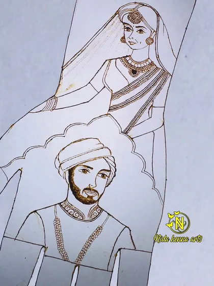 An outline of a couple portrait. This is the initial sketch we create on paper to perfect the composition and expressions.