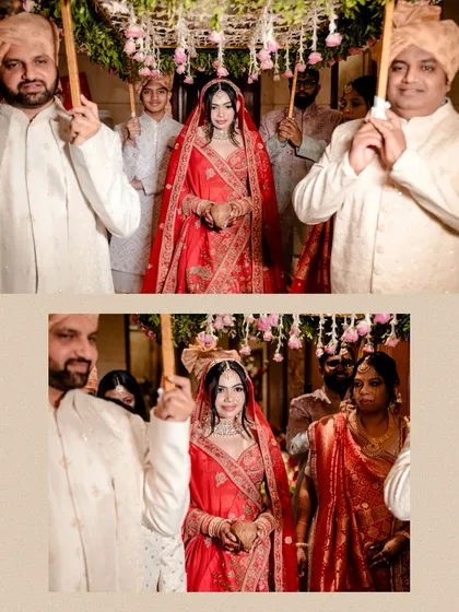 A beautiful collage capturing the bride's grand entrance under the phoolon ki chadar. We take multiple shots to ensure every angle of this significant moment is preserved.