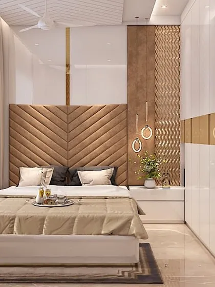 A bedroom should be your personal sanctuary. I designed this space with layers of texture, from the chevron-patterned upholstered headboard to the intricate wooden jali screen, creating a modern yet warm retreat.