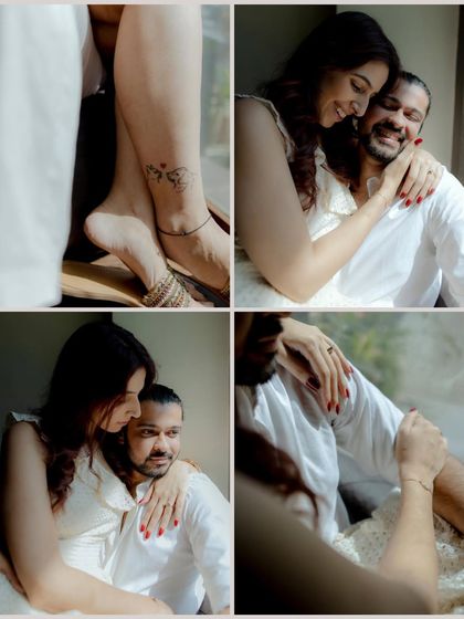 A collage of intimate moments from a pre-wedding shoot. It captures their loving embraces and even small details like the bride's tattoo, telling a fuller story.