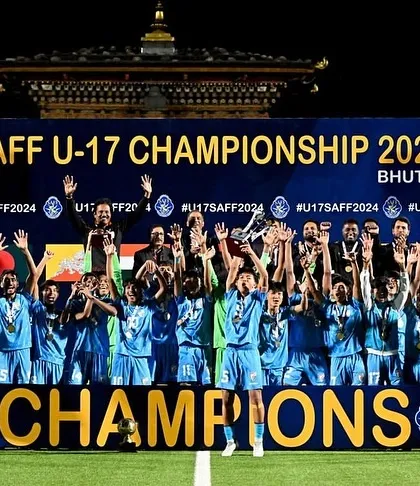 The Indian U17 team celebrating their SAFF U-17 Championship victory in Bhutan. This is the culmination of months of hard work and dedication.