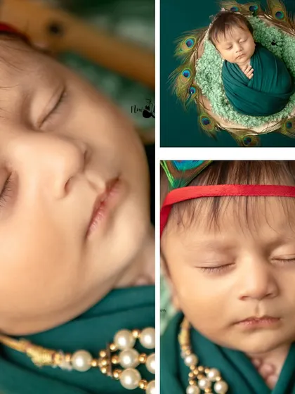 A collage showing different angles and close-ups from the newborn Krishna session, offering a complete story of this unique and spiritual photoshoot.