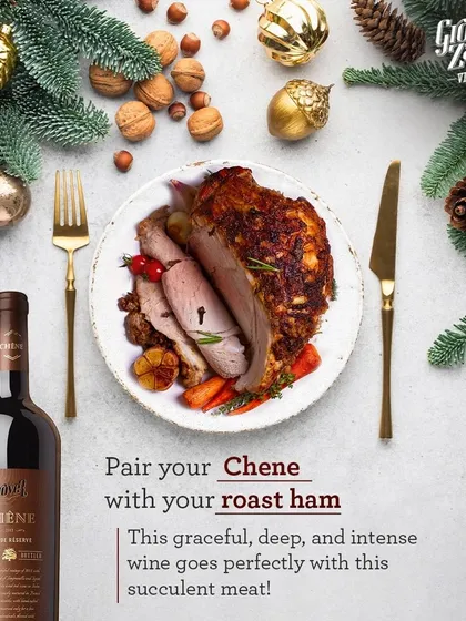 A duplicate of 94, this image reinforces the classic festive pairing of our Chêne Grande Reserve with roast ham, a highlight of our holiday-themed tasting events.
