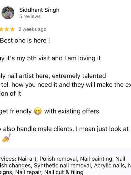 This client, on his 5th visit, calls us "The Best one". He praises our talented artists who can create the exact design you want and notes that we are budget-friendly and welcoming to male clients.