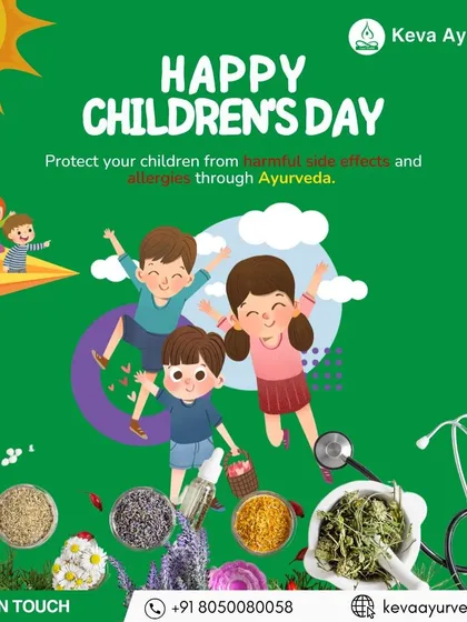 This cheerful graphic for Children's Day celebrates the joy of childhood. It reinforces our mission to protect children from harmful side effects and allergies through natural and safe Ayurvedic care, surrounded by illustrations of herbs and happy kids.