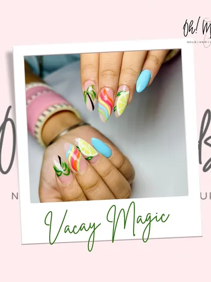 Get into vacation mode with this fun, summery nail art. We hand-painted zesty lemon slices and tropical leaf designs, paired with a bright turquoise accent nail, to create a look that’s ready for your next beach getaway.