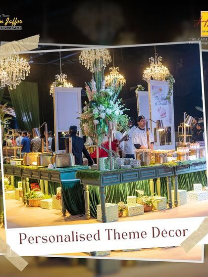 We offer personalized theme decor to match your vision. This setup with grand chandeliers, floral arrangements, and custom backdrops creates an unforgettable ambiance for your event.