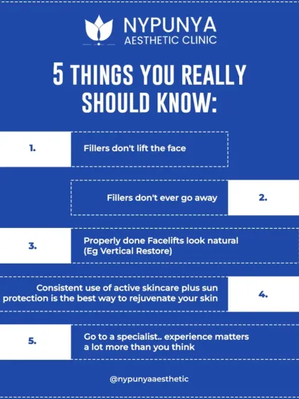 We believe in empowering you with facts. It's important to know that fillers don't lift the face, a properly done facelift looks natural, and consistent sun protection is your best tool for rejuvenation. Above all, the experience of your specialist matters most.