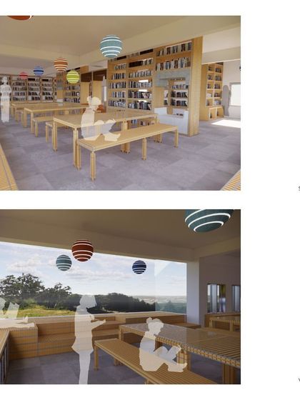 Renderings of the library's seating and viewing areas. Large windows open up to the landscape, creating a calm and inspiring environment for learning.