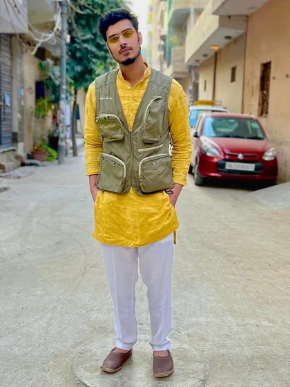 My personal style for a friend's Haldi ceremony. I dress for the occasion, blending modern fashion with traditional Indian wear to match the event's vibe.