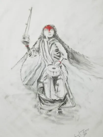 Experimenting with graphite to create an atmospheric piece. This sketch of a Baul singer uses soft shading and strong highlights to convey movement and emotion.