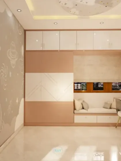 A kids' room render with a space-themed wallpaper, a dual study desk, and a cozy window seat.