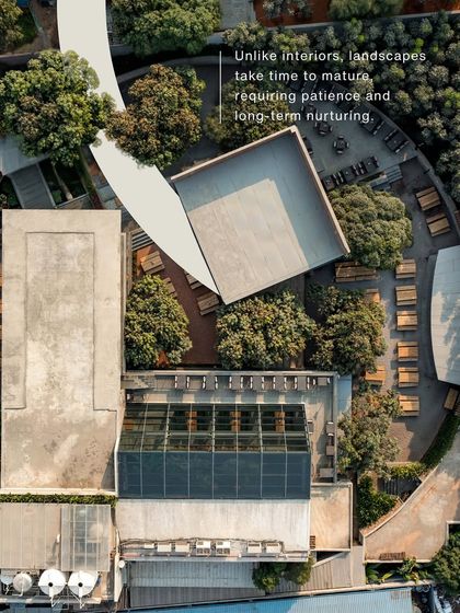 An aerial view of a large project, with text noting that landscapes take time to mature. This communicates the idea of "slow design" and the need for patience and long-term nurturing.
