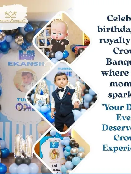 A collage from a "Boss Baby" themed first birthday party. This shows how we can execute popular themes with custom backdrops and decor, creating a fun and memorable event for your little boss.