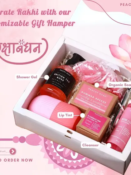 Celebrate your sister with this beautiful pink-themed Rakhi hamper. It's filled with my favorite rose-infused skincare, including shower gel, organic soap, a gentle cleanser, and a lip tint.