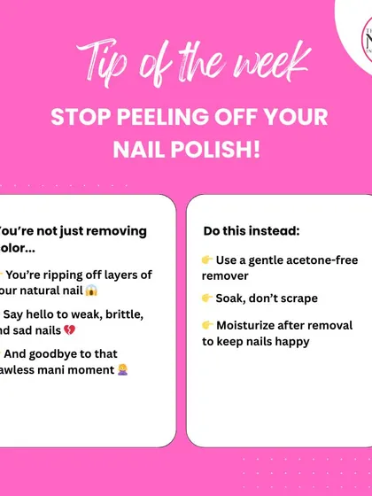Healthy nails are the foundation of beautiful nail art. This tip explains the damage caused by peeling off polish and the correct, gentle removal process we teach.