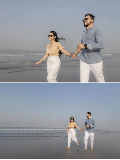 A collage showing the couple enjoying a walk on the wet sand, with their reflections visible. Perfect for a beach pre-wedding album.