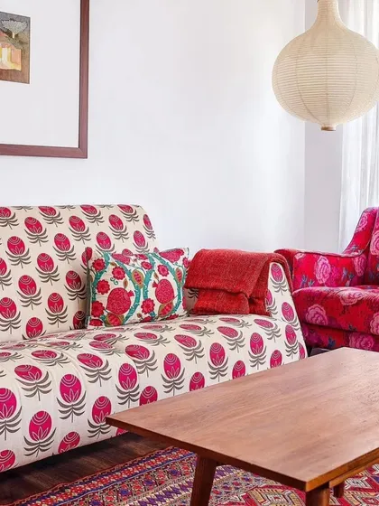 Designing for actor Aditi Rao Hydari was about capturing her elegant and graceful essence. This living space is a play of pattern and color, with vibrant floral fabrics and a geometric rug that feel collected and full of character. It’s a space that is serene yet joyful, perfectly reflecting her personality.