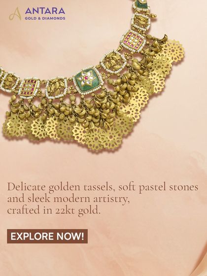 A closer view of the delicate golden tassels and sleek modern artistry. This piece combines soft pastel stones with traditional motifs, perfect for the modern bride.