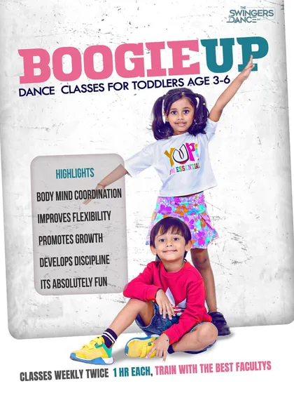 Our 'Boogie Up' classes are where the youngest dancers, from 3 to 6 years old, begin their journey. This poster highlights the fun and foundational skills like coordination and flexibility that we build through playful sessions.