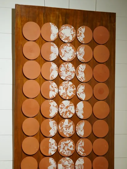 I love working on large-scale projects that transform a space. This custom wall installation features dozens of terracotta tiles, each with a unique white design, coming together to tell a story of nature and life cycles.
