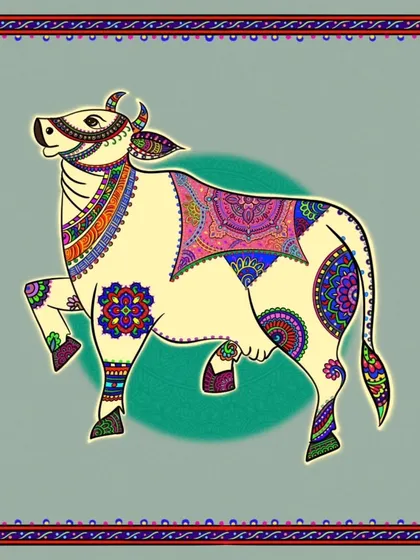 This artwork is my tribute to Kamdhenu, the sacred cow symbolizing abundance and divinity. I've decorated her in a cream palette with colorful Phulkari and mandala-inspired details, creating a spiritual piece for a peaceful home.