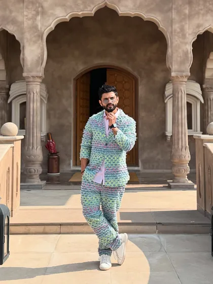 A full-length shot of the textured suit, showing how unique and eye-catching it is.