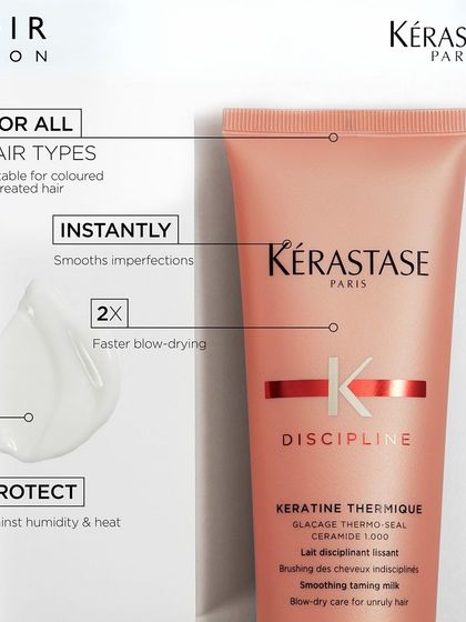 The Kérastase Discipline Keratine Thermique is a leave-in treatment that protects hair from heat and humidity. It instantly smooths imperfections and makes blow-drying faster for all hair types.