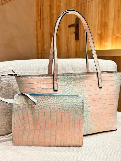 The Basic Tote in a beautiful two-tone pink and blue croc-print. This unique colorway adds a playful touch to a practical design.