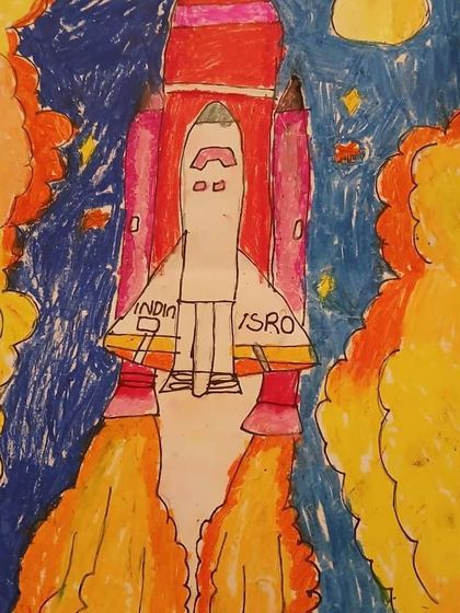 An ISRO rocket launch. Our lessons are often timely and relevant, celebrating achievements in science and technology through art.