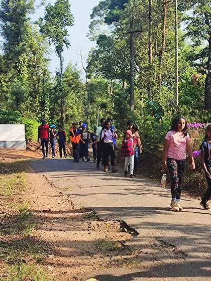 Two campers lead the group on a beautiful, sun-dappled trail during their morning trek.