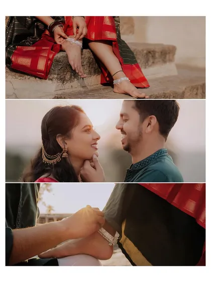 A three-panel collage focusing on the details of the anklets and an intimate facial expression, telling a small story.