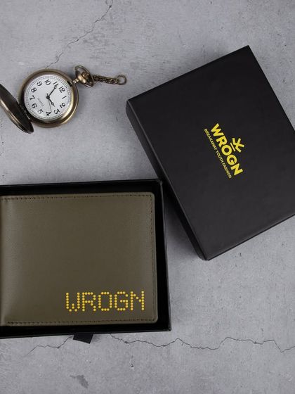 The olive green 'WROGN' wallet presented in its branded gift box.