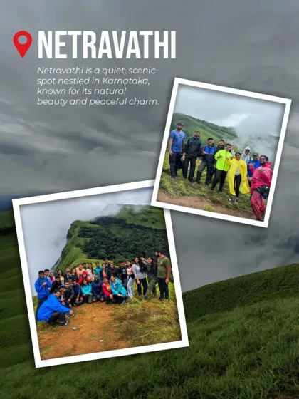 A promotional graphic for our Netravathi trek, showing happy groups at the peak. It's a scenic trek known for its peaceful charm.